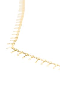 Goldene Halskette mit abwechselnd flachen und geschlungenen Gliedern, die ein zartes Design und eine glatte Textur für ein elegantes Aussehen aufweist.