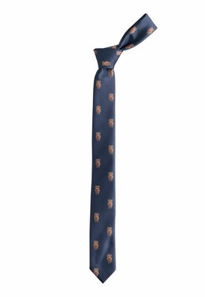 Cravată din mătase albastru marin cu modele mici de vacă maro distribuite uniform pe toată țesătura, legată într-un nod simplu.
