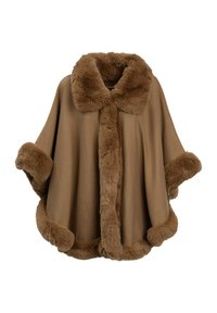 Cappotto di lana marrone con bordo in pelliccia morbida su colletto, bordi anteriori, maniche e orlo, progettato per calore e stile.