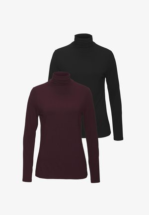 Twee lange mouwen turtleneck tops: één zwart en één bordeauxrood, gemaakt van zacht, glad stof met een aansluitend ontwerp en een omhooggevouwen kraag.