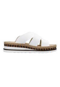 Sandale blanche avec des brides croisées, matériau texturé, semelle intermédiaire en jute tiss�é et accent en bois rayé sur la semelle.