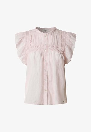 Svetlo roza bluzica s kratkimi pufastimi rokavi, smučastim bodicem, okroglim izrezom in zapiranjem na gumb spredaj. Narejena je iz lahkotnega materiala z mehko teksturo.