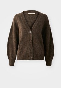 Bruine gebreide cardigan met een diepe V-hals, vijf bruine knopen en geribde manchetten en onderkant. Heeft een losse pasvorm en een zachte textuur.