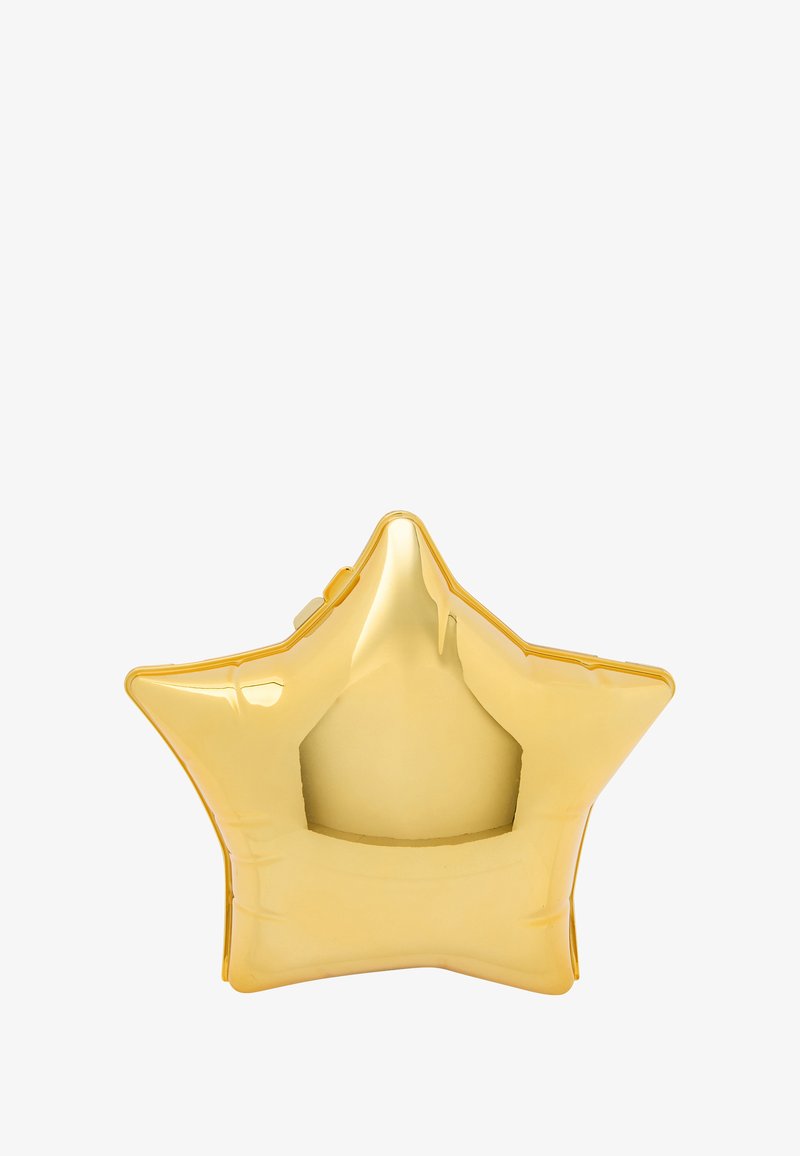 Zlatá hvězdicová nafukovací podložka s lesklým povrchem, disponující dutým středem a hladkým textura. Ideální pro dekorativní použití.