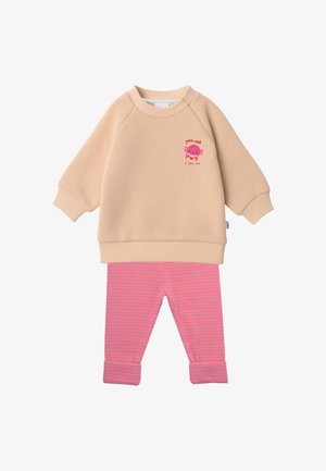 Beige long-sleeve top with crab graphic and text paired with pink and light blue striped pants with rolled cuffs for toddlers.