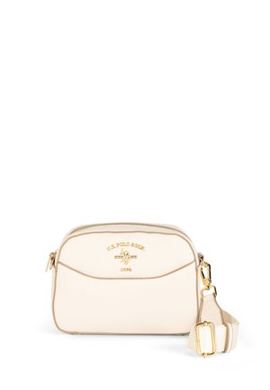 Cremefarbene Umhängetasche von U.S. Polo Assn. mit goldfarbenem Logo, Reißverschluss und verstellbarem Riemen mit goldfarbenen Schnallen und Verschlüssen.