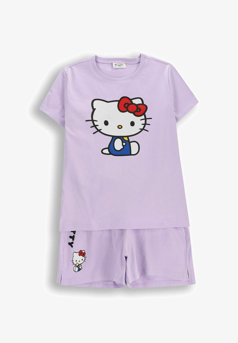 Jasnofioletowy dziecięcy zestaw piżam z Hello Kitty w niebieskim stroju i czerwoną kokardą nadrukowany na koszulce i szortach.