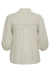 Blouse de couleur claire avec des rayures noires verticales, encolure ronde, manches bouffantes et détail froncé à l'arrière. Tissu doux avec une texture lisse.