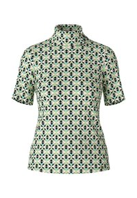 Kurzärmliges Oberteil mit Mockneck in hellgrün, mit einem geometrischen Sternmuster, das dunkelblaue Akzente aufweist und aus einem glatten, dehnbaren Stoff besteht.