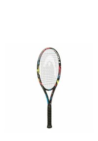 Tennisschläger mit schwarzem Rahmen, bunten Akzenten und strukturiertem Griff. Verfügt über einen breiten, ovalen Saitenkopf.