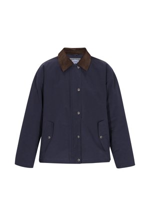 Jūras zila jakas ar brūnu korduroja apkakli, ar spiedpogu aizdari un divām sānu kabatām. Gluda tekstūra un minimālisma dizains.