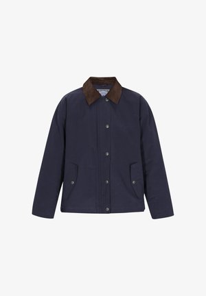 Jūras zila jakas ar brūnu korduroja apkakli, ar spiedpogu aizdari un divām sānu kabatām. Gluda tekstūra un minimālisma dizains.