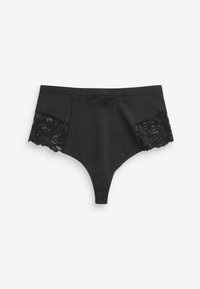 Tanga negro de talle alto con detalles de encaje en el centro delantero y los laterales, mostrado sobre un fondo blanco.