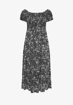 Czarna sukienka maxi z odkrytymi ramionami, białym kwiatowym wzorem, marszczonym gorsetem, krótkimi rękawami i zwiewnym fasonem.