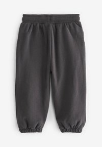 Pantalons en tissu doux et gris avec une taille élastique et des poignets froncés. Présentent une coupe décontractée et une texture lisse, idéaux pour le confort.
