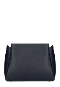 Granatowa skórzana torebka o teksturowanym wykończeniu, w kształcie trapezoidalnym, z metalowymi elementami w kolorze srebra, posiadająca zaokrąglone górne krawędzie oraz płaskie dno dla stabilności.