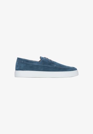Blue suede low-top sneaker with white rubber sole and brown laces, shown in profile on a white background.