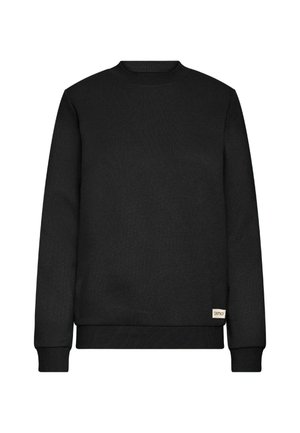 Schwarzer Rundhalsausschnitt-Sweatshirt aus weichem Material, mit langen Ärmeln, gerippten Bündchen und einem kleinen Markenetikett an der unteren linken Seite.