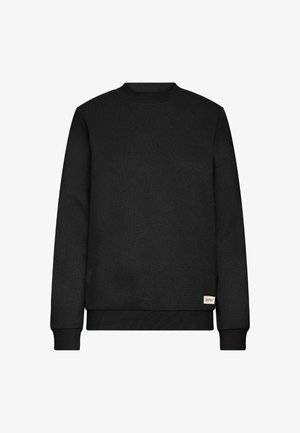 Črna crewneck majica iz mehkega materiala, z dolgimi rokavi, rebrastimi manšetami in majhno etiketo blagovne znamke na spodnji levi strani.