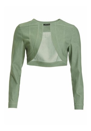 Vihreä, maltillisen sävyinen, lyhyt bolerotakki, jossa on pitkät hihat, avonainen etupuoli, jämäkät saumat ja pyöreä kaula-aukko.