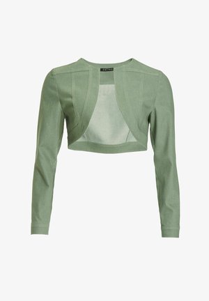 Gekürzte Bolerojacke mit langen Ärmeln und offenem Vorderteil in gedämpftem Grün, mit strukturierten Nähten und rundem Ausschnitt.