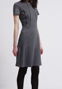 Grå kortärmad klänning i mjukt tyg, med vertikala sömmar på bodice, en figursydd midja och en utsvängd kjol.