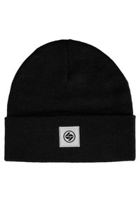 Schwarze Beanie-Mütze aus geripptem Strickstoff, mit umgeschlagenem Saum und einem quadratischen Logo-Patch in Weiß mit einem kreisförmigen Design.
