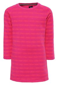 Fuksjowa bluzka z długim rękawem z poziomymi pomarańczowymi paskami, okrągłym dekoltem i miękkiego materiału. Posiada mały detal z logo na ramieniu.