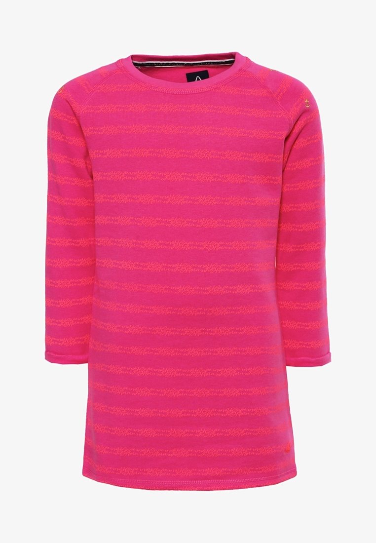 Fuksjowa bluzka z długim rękawem z poziomymi pomarańczowymi paskami, okrągłym dekoltem i miękkiego materiału. Posiada mały detal z logo na ramieniu.