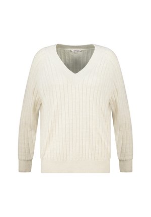 Pull en maille couleur crème avec un col en V, motif côtelé horizontal, manches longues et coupe ample. Texture douce avec une silhouette décontractée.
