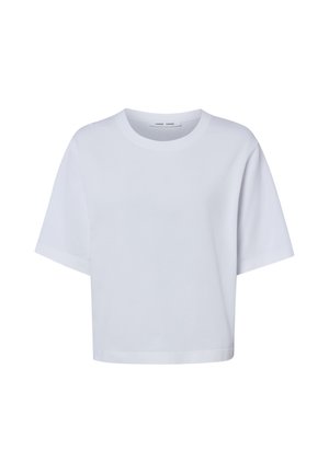 T-shirt court blanc à manches courtes avec un col rond, affiché sur un fond blanc uni.