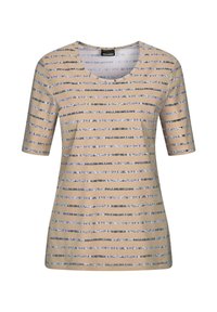 Beige T-shirt met korte mouwen en horizontale strepen in grijs en metallic blauw. Voorzien van een ronde halslijn en een zachte katoenen textuur.