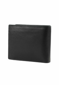 Black leather wallet with a smooth texture, bi-fold design, and minimalist shape. Features clean edges and subtle stitching accents.