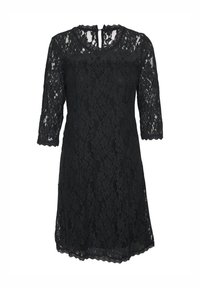 Vestito nero in pizzo con maniche a tre quarti, motivo floreale, bordi ondulati e dettaglio a forma di chiave sul retro. Tessuto morbido, design al ginocchio.