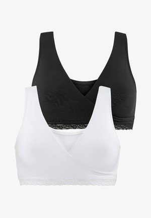 Dois soutiens sem fios, um preto e um branco, com um tecido suave, design em forma de V e acabamento em renda na bainha inferior.
