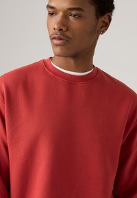 Rode sweatshirt met geribbelde ronde hals, gemaakt van zachte stof. Bevat een subtiele reliëf-logo op de borst en heeft een gladde textuur.
