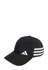 Berretto da baseball nero con visiera curva, realizzato in tessuto. Presenta tre strisce orizzontali bianche e un logo bianco sul lato.