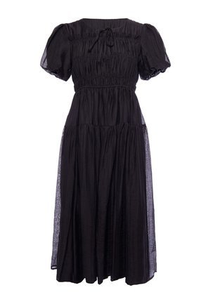 Black midi dress with puffed short sleeves, gathered bodice, tie detail at neckline, and flowing skirt with tiered layers.