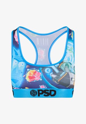 Kék díszítésű sportmelltartó, színes grafikai tervezéssel, amelyen mesehősök és geometriai formák láthatók sötétkék háttéren.