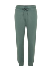 Herren Jogginghose in olivgrün mit geripptem Bund, verstellbarem Kordelzug, Seitentaschen und gerippten Knöchelbündchen.