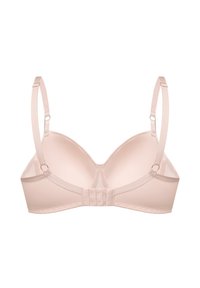 Jasnoróżowy stanik z miękkim wypełnieniem, z regulowanymi ramiączkami, bezszwowym wykończeniem i zapięciem z tyłu. Gładka faktura, bez widocznych wzorów czy ozdób.