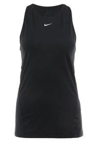 Černý bezrukávový sportovní top s kulatým výstřihem, Dri-FIT materiál, malé bílé logo Nike na hrudi a texturované vzorované detaily.