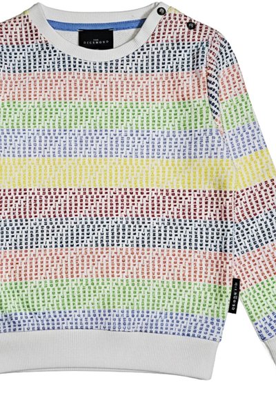 Maglione a maniche lunghe per bambini con strisce orizzontali multicolori composte da piccoli puntini rettangolari e due bottoni neri sulla spalla sinistra.