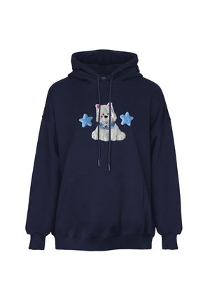 Marineblå hættetrøje med forlomme, med en broderet hvid hund iført butterfly mellem to blå stjerner.
