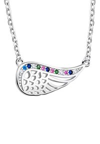 Sølv vingeformet vedhæng med multikolorede sten (blå, grøn, pink) og diamantdetaljer, på en kæde med linkdesign.