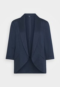 Mörkblå kavaj i blazer-stil med sjalkrage, 3/4-långa ärmar och framfickor. Mjuk, elastisk tyg med öppen framsida.