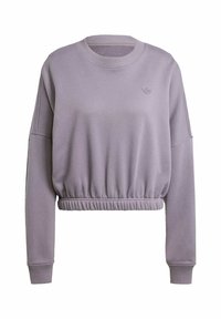 Felpa corta color lilla con colletto a giro di maglia a costine, vita elastica e maniche ampie. Presenta un ricamo del logo discreto sul petto.