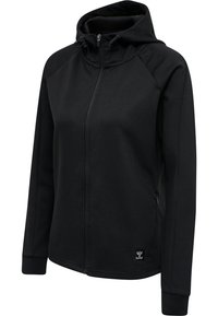 Black zip-up hoodie made of soft fabric, featuring a hood, zippered pockets, and a logo patch on the lower left side.