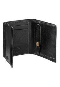 Portafoglio in pelle nera con finitura testurizzata, dotato di scomparti per carte, tasca per monete con zip e cuciture bianche a contrasto.