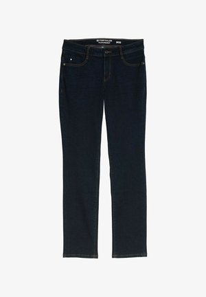 Dark blue straight leg jeans made from denim. Features five pockets, contrasting orange stitching, and a waistband label with brand name.